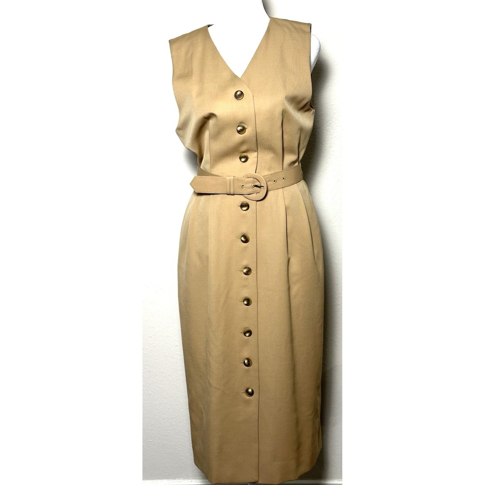 Talbots Petite Tailored‎ Sheath Front Button Career Tan Beige Dress Size 6P Midi